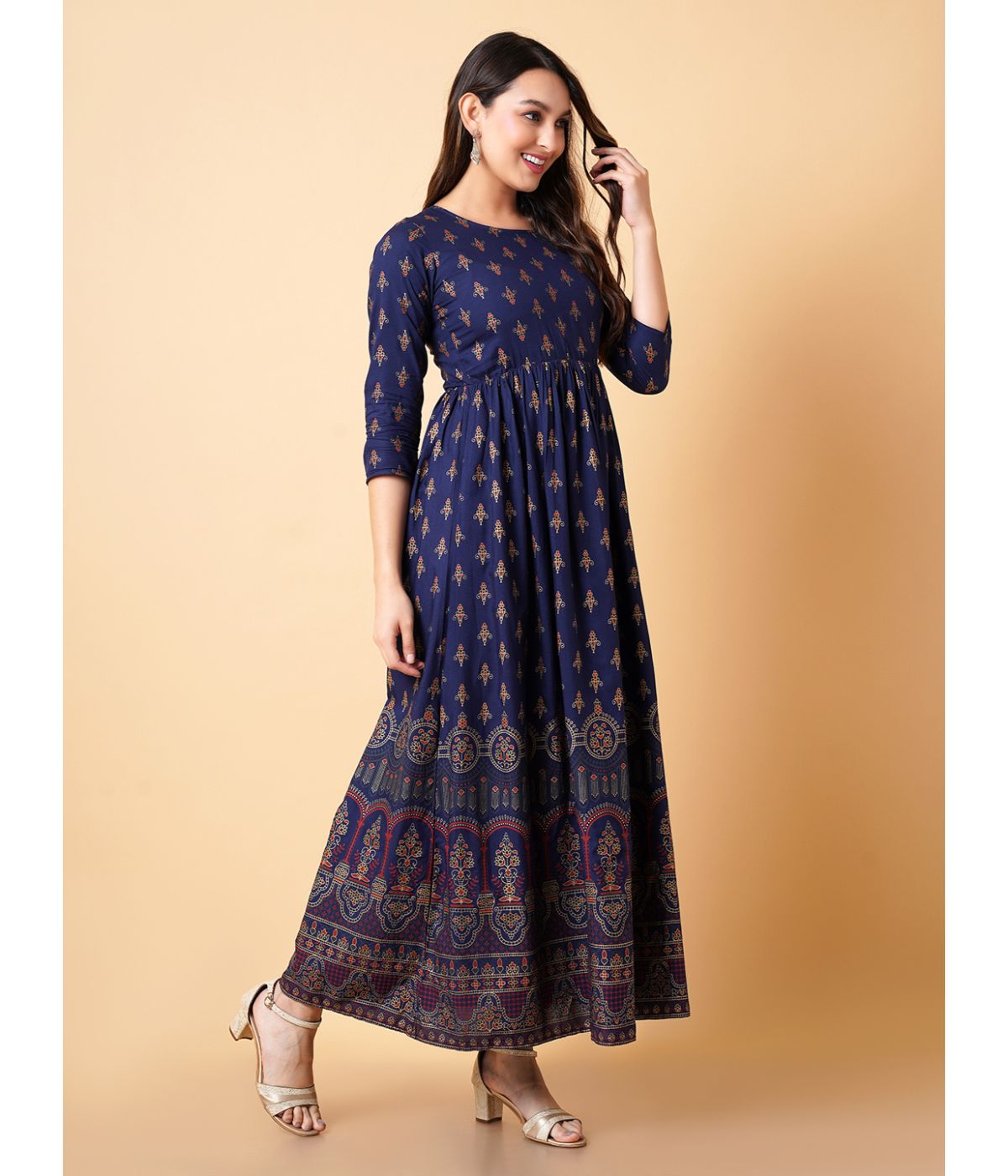 Daevish Women Gold Printed Blue Fit & Flare Ethnic Dress