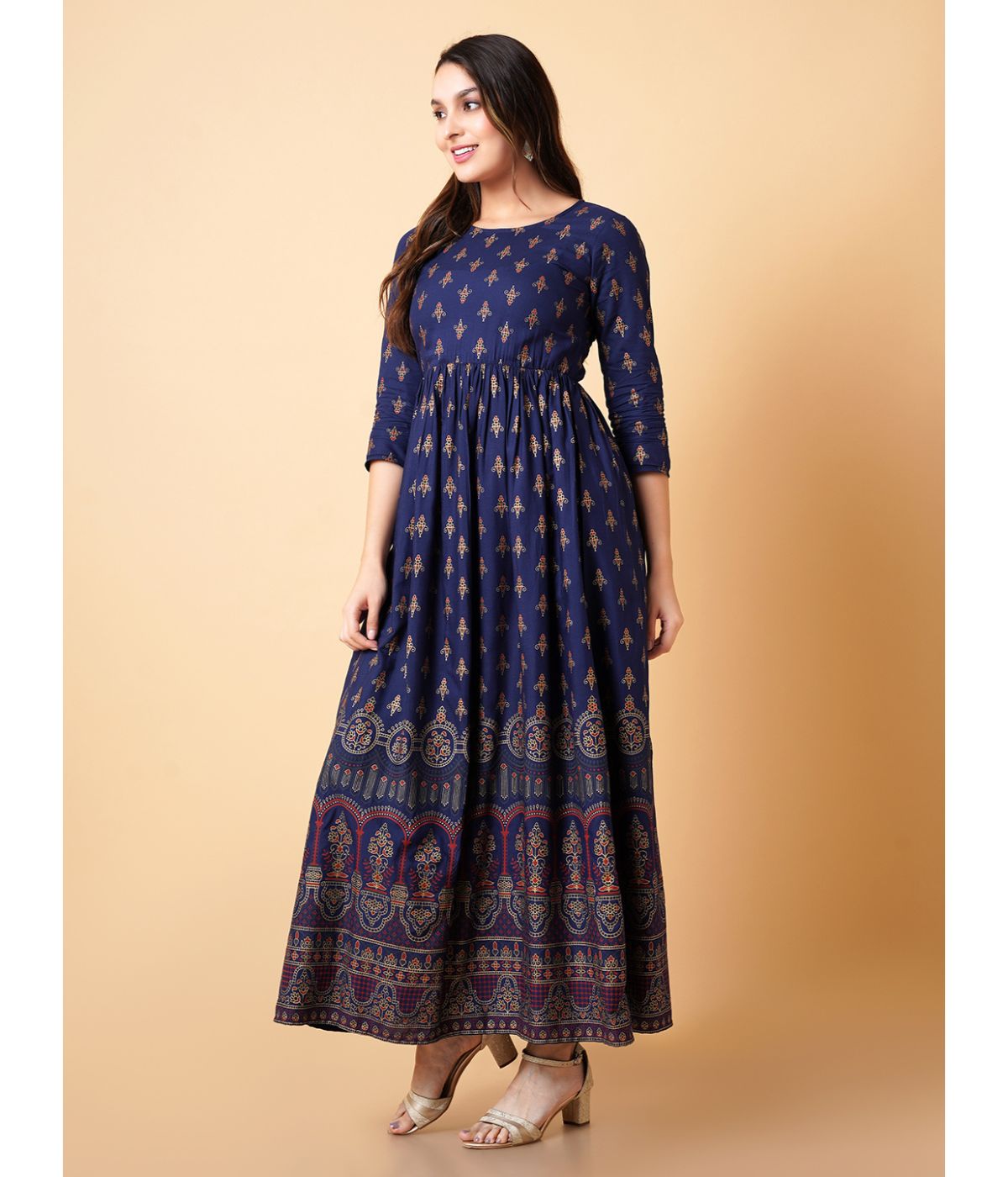 Daevish Women Gold Printed Blue Fit & Flare Ethnic Dress