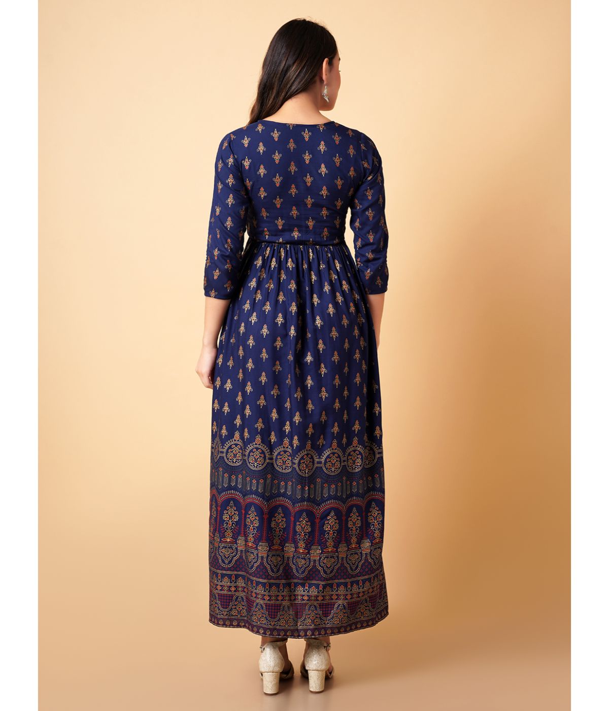 Daevish Women Gold Printed Blue Fit & Flare Ethnic Dress