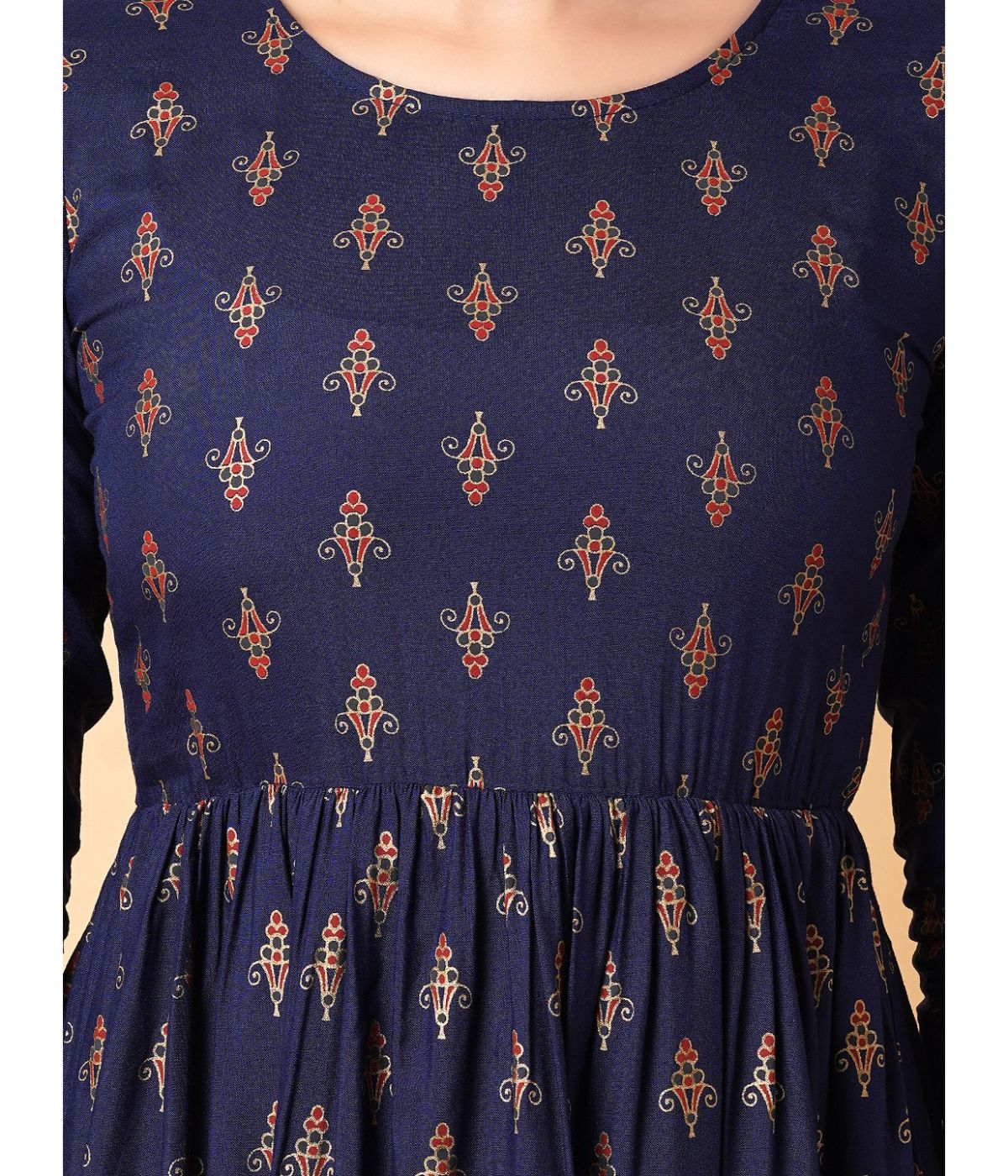 Daevish Women Gold Printed Blue Fit & Flare Ethnic Dress