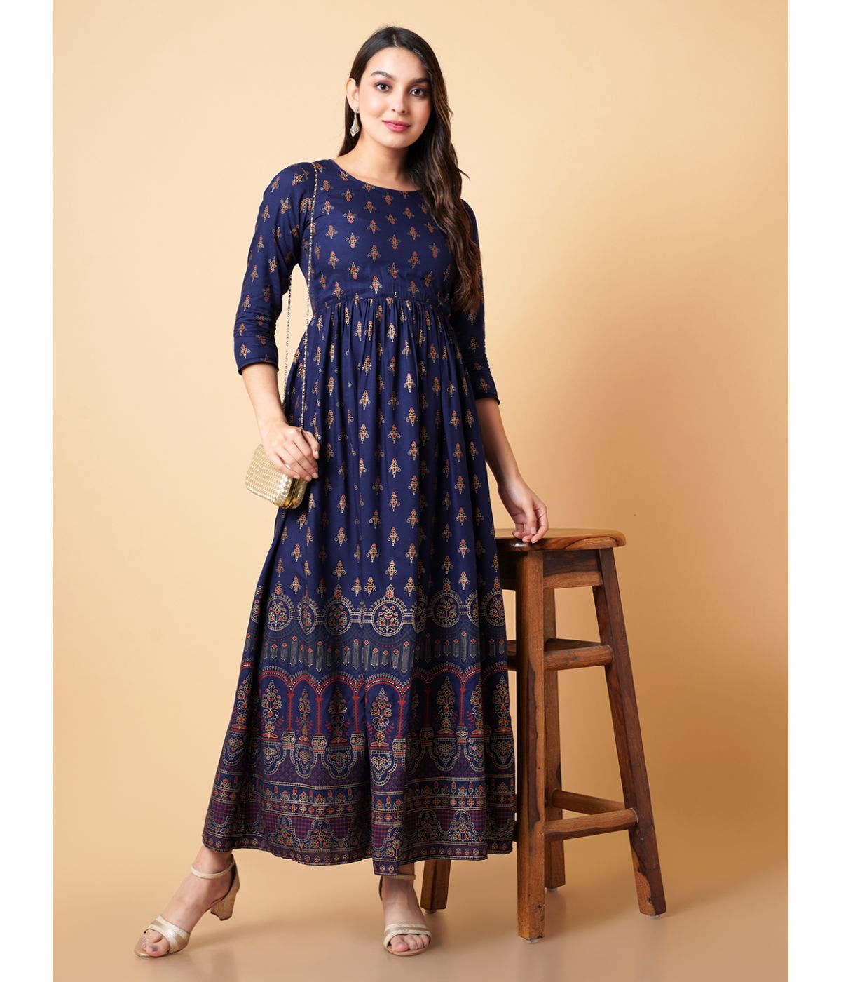 Daevish Women Gold Printed Blue Fit & Flare Ethnic Dress