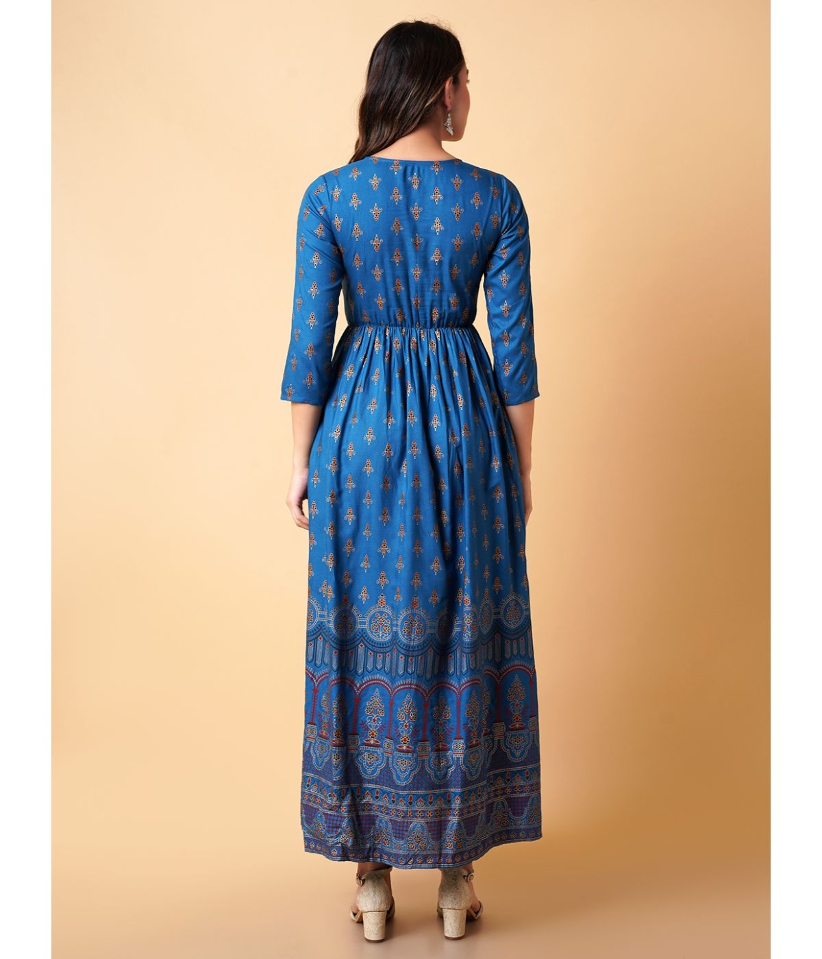 Daevish Women Turquoise Blue Gold Print Fit & Flare Kurta