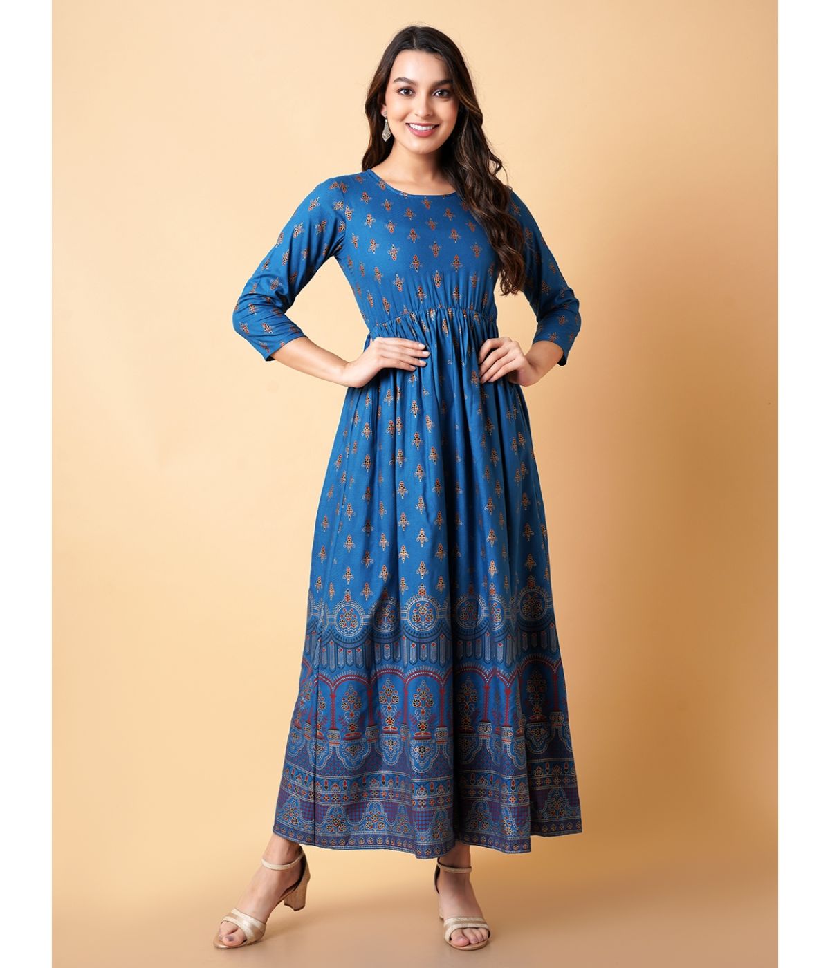 Daevish Women Turquoise Blue Gold Print Fit & Flare Kurta