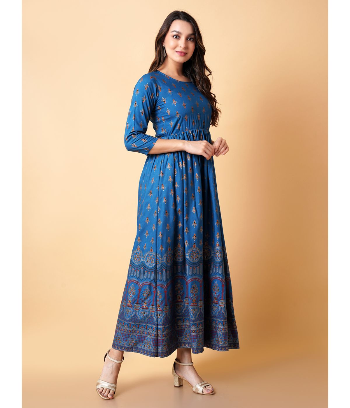 Daevish Women Turquoise Blue Gold Print Fit & Flare Kurta