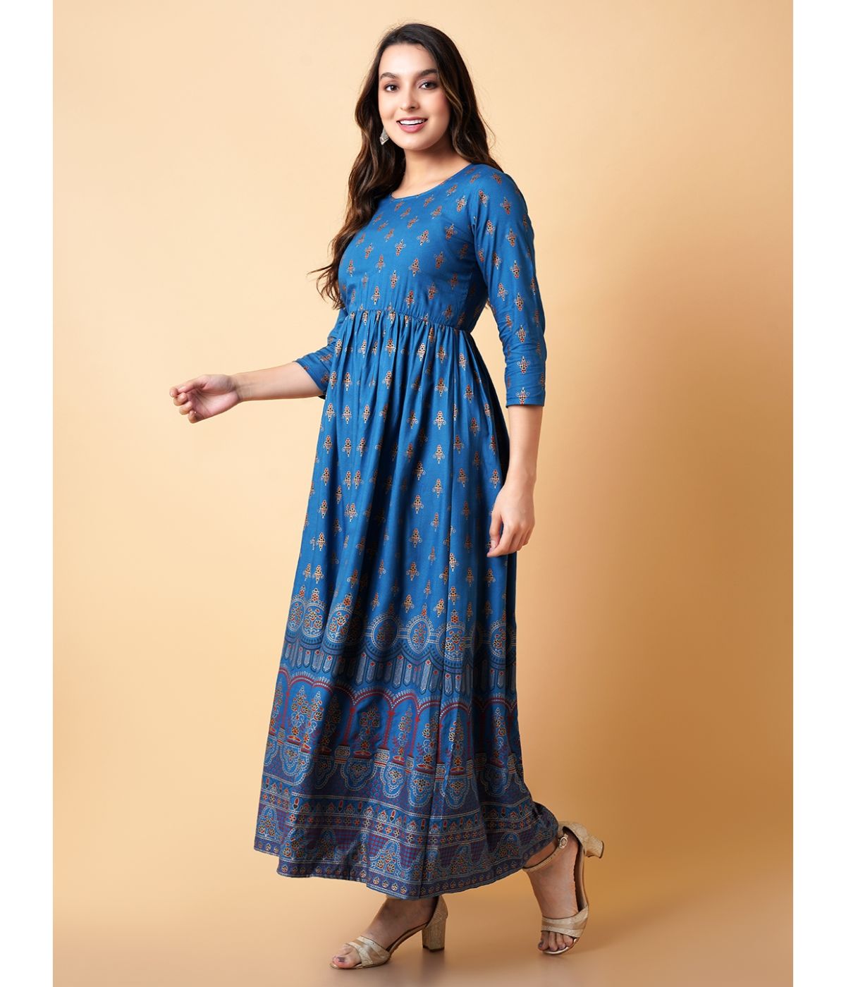 Daevish Women Turquoise Blue Gold Print Fit & Flare Kurta