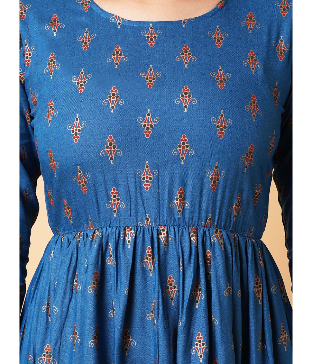 Daevish Women Turquoise Blue Gold Print Fit & Flare Kurta