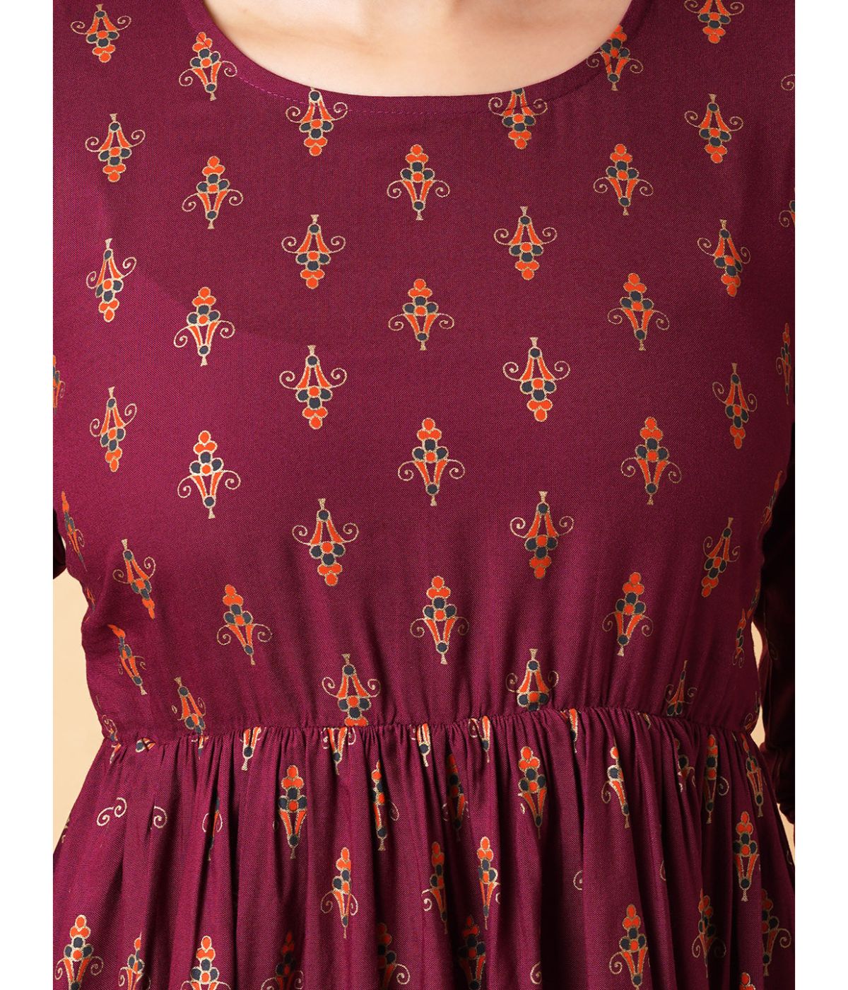 Daevish Women Gold Printed Wine Fit & Flare Ethnic Dress