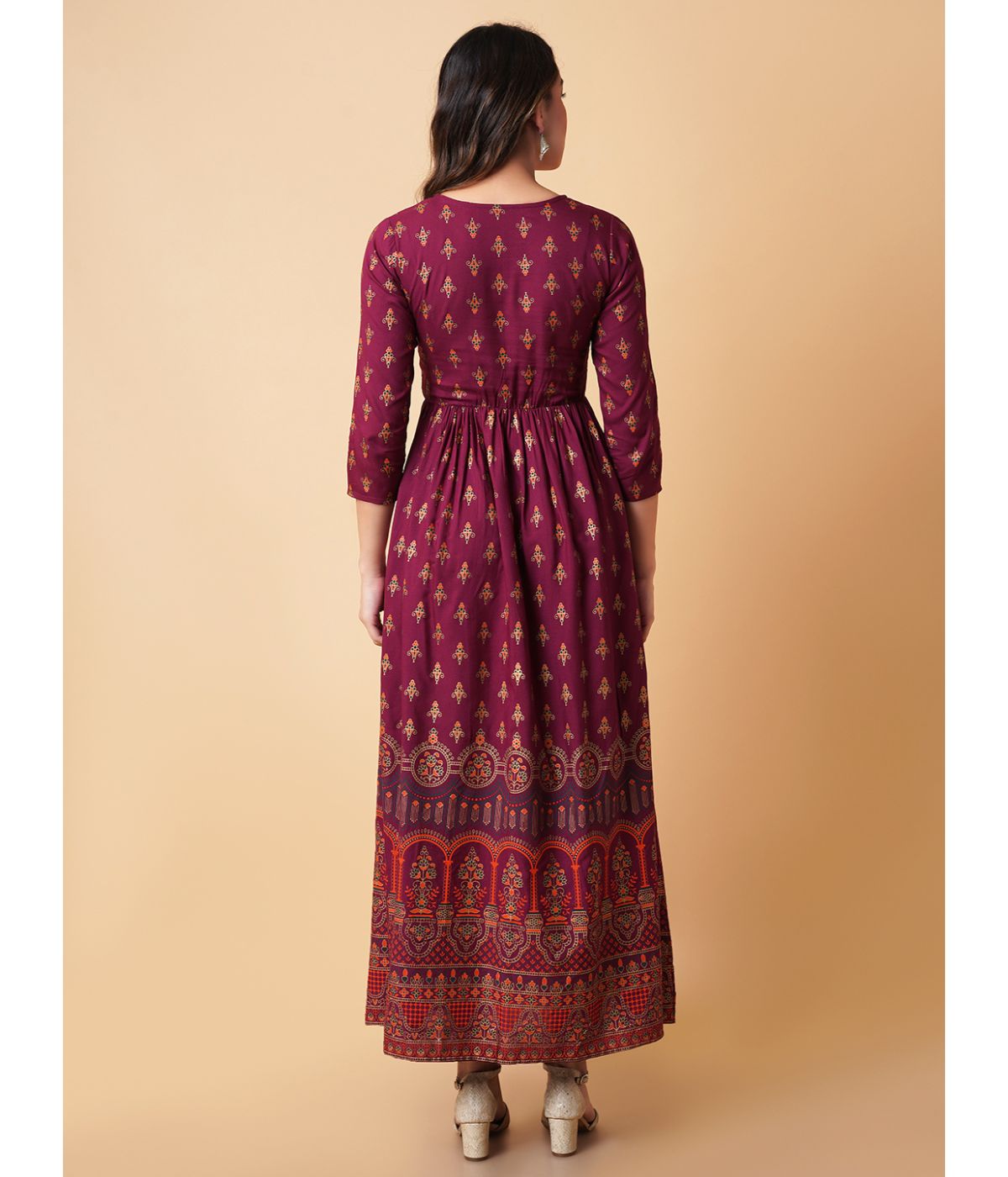 Daevish Women Gold Printed Wine Fit & Flare Ethnic Dress