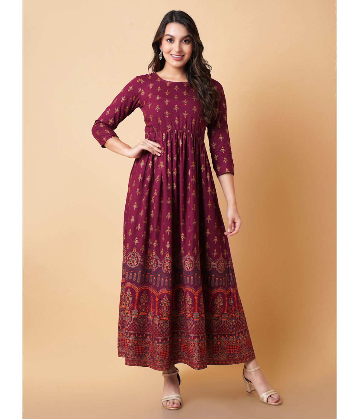 Daevish Women Gold Printed Wine Fit & Flare Ethnic Dress