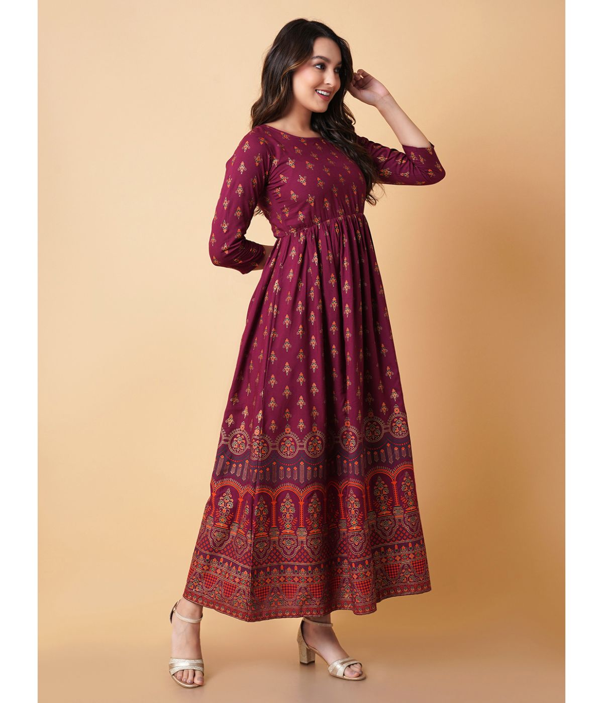 Daevish Women Gold Printed Wine Fit & Flare Ethnic Dress