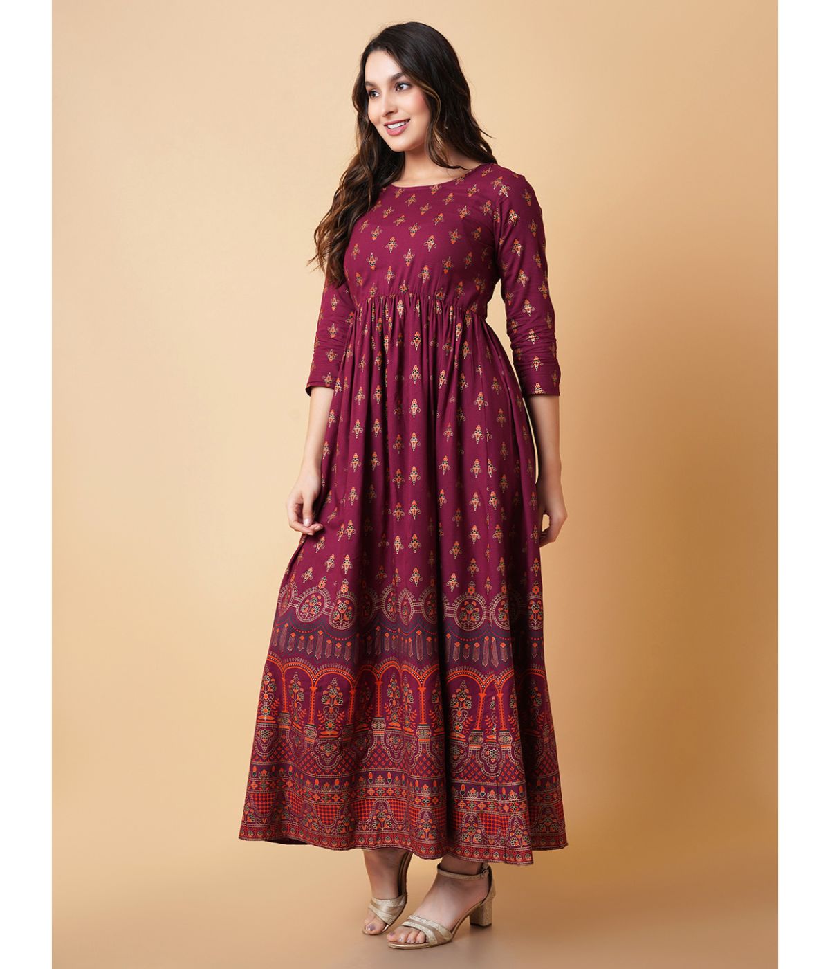 Daevish Women Gold Printed Wine Fit & Flare Ethnic Dress