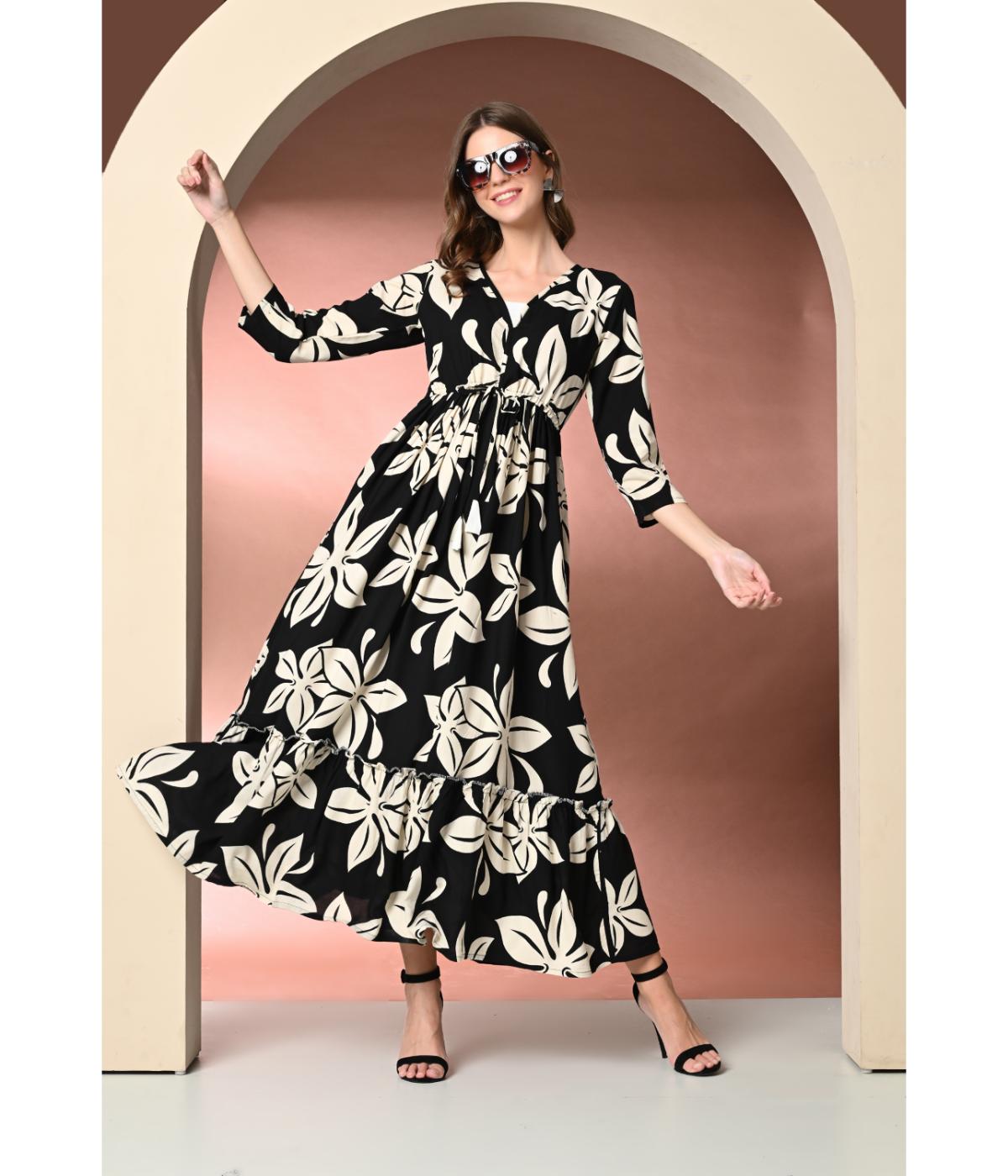 Daevish Women's New Floral Print  V Nack Falred Maxi Dress