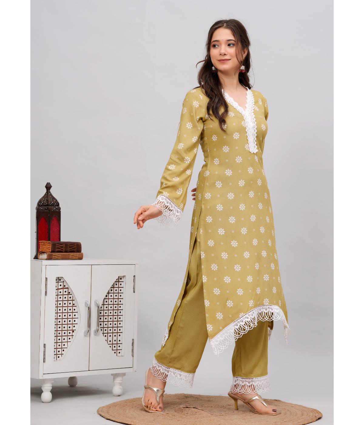 Daevish New Rayon Floral Printed Regular Lace Work Kurta with Trousers