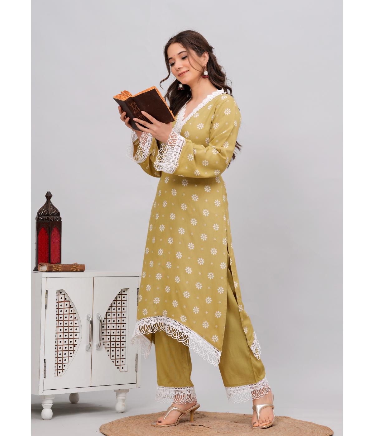 Daevish New Rayon Floral Printed Regular Lace Work Kurta with Trousers