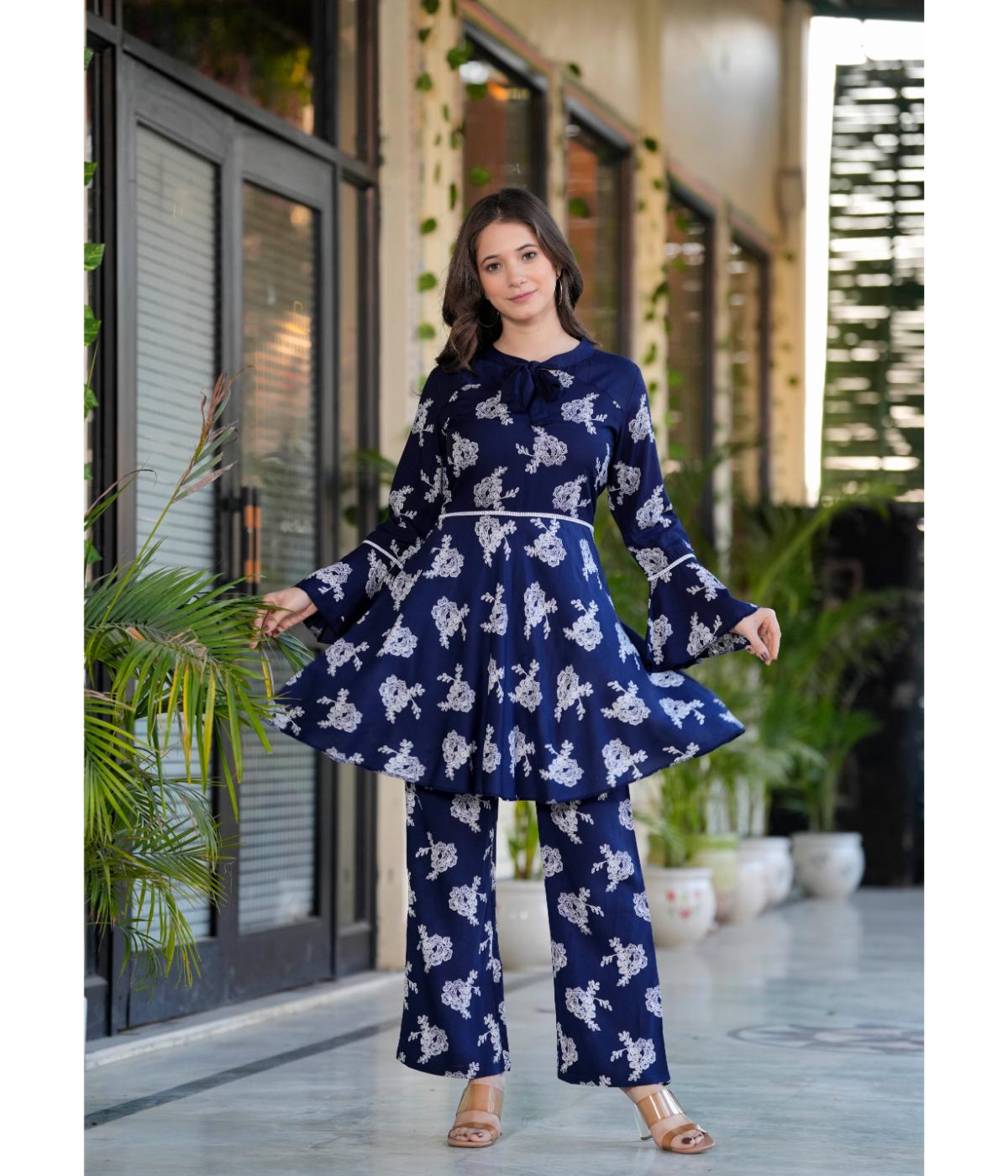 Daevish New Rayon Floral Printed Tie-up Nack Top With Pant Set