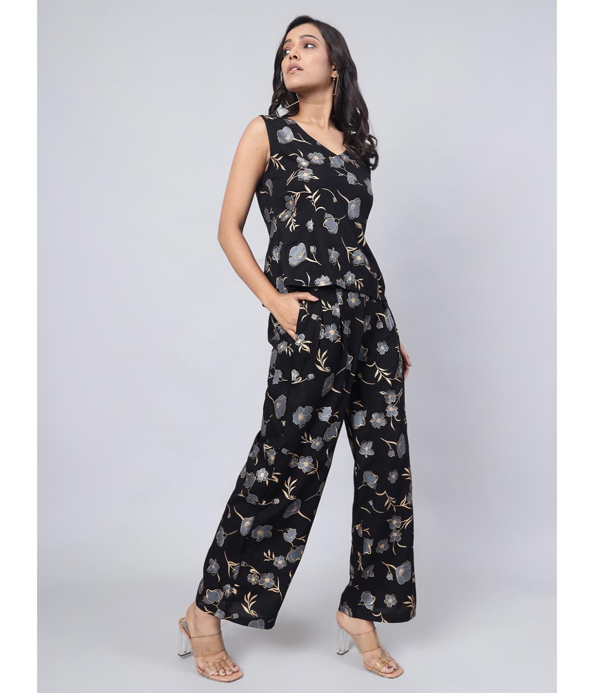 Daevish New Rayon Gold Floral Printed Sleevless Regular V Nack Top with Pant Co Ord Set for Women & Girl's