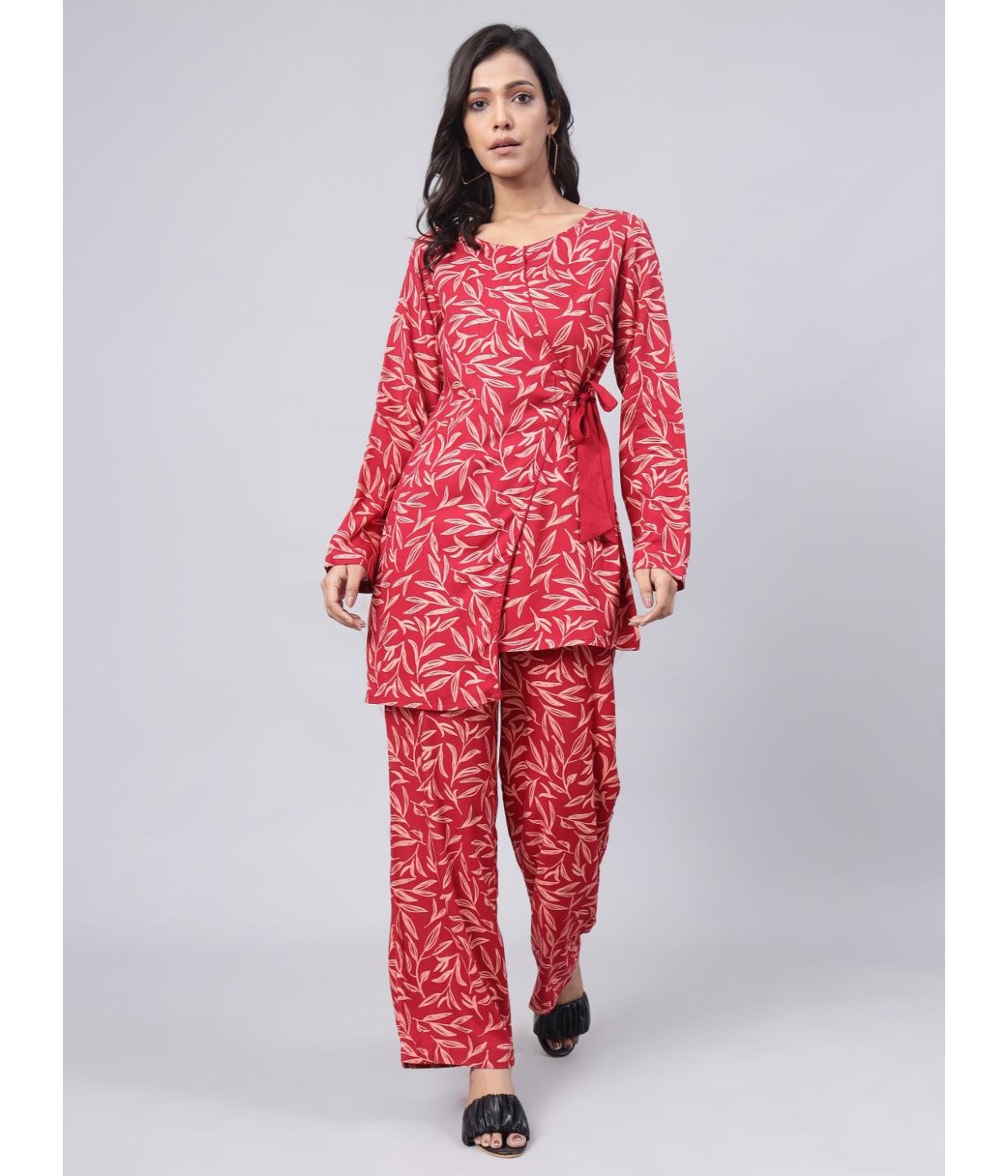 Daevish New Rayon Leaf Printed Tie-up Waist  Top Pant Co Ord Set For Women