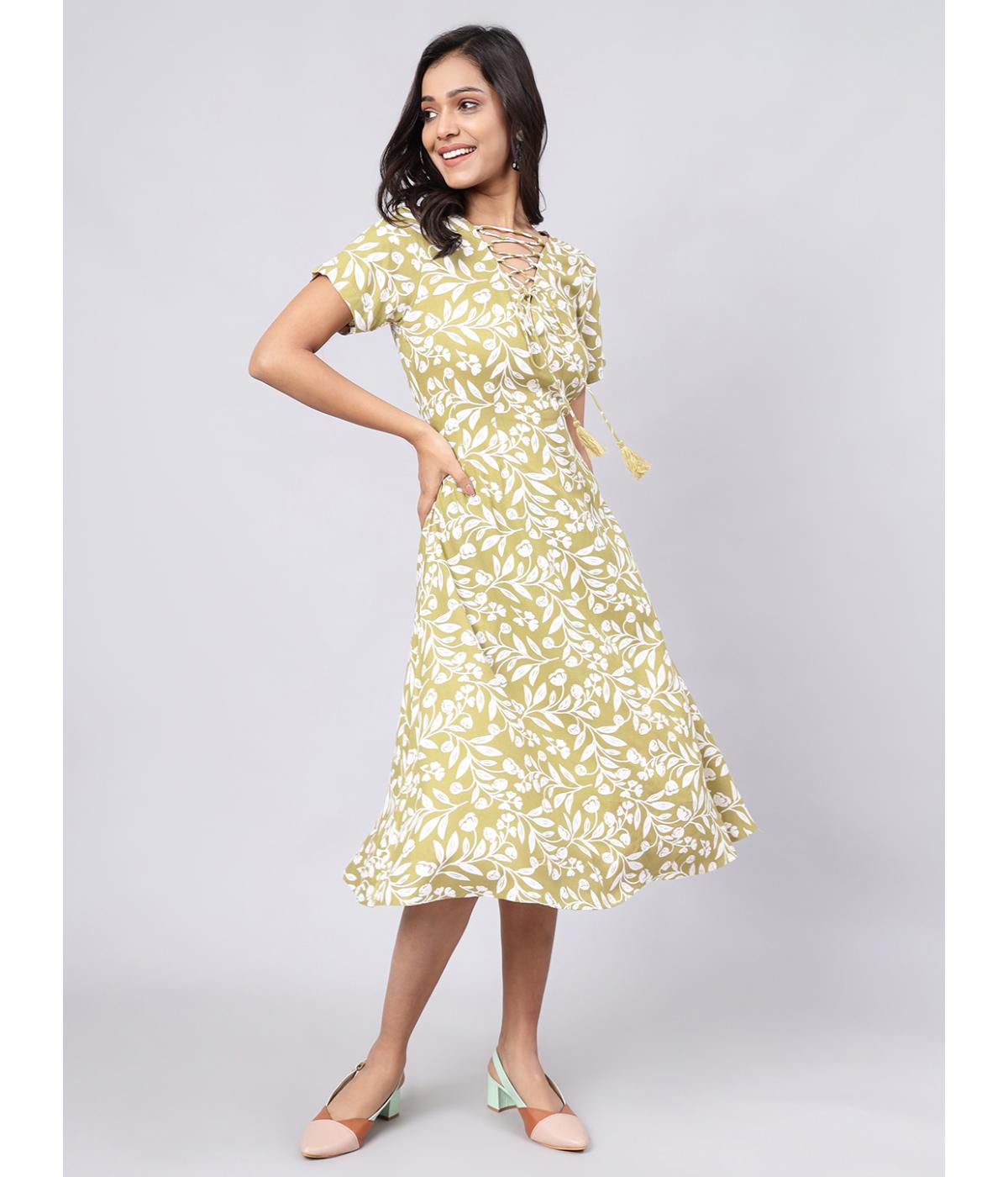 Daevish New Rayon Leaf Printed A-line Dress for Women & Girl's 