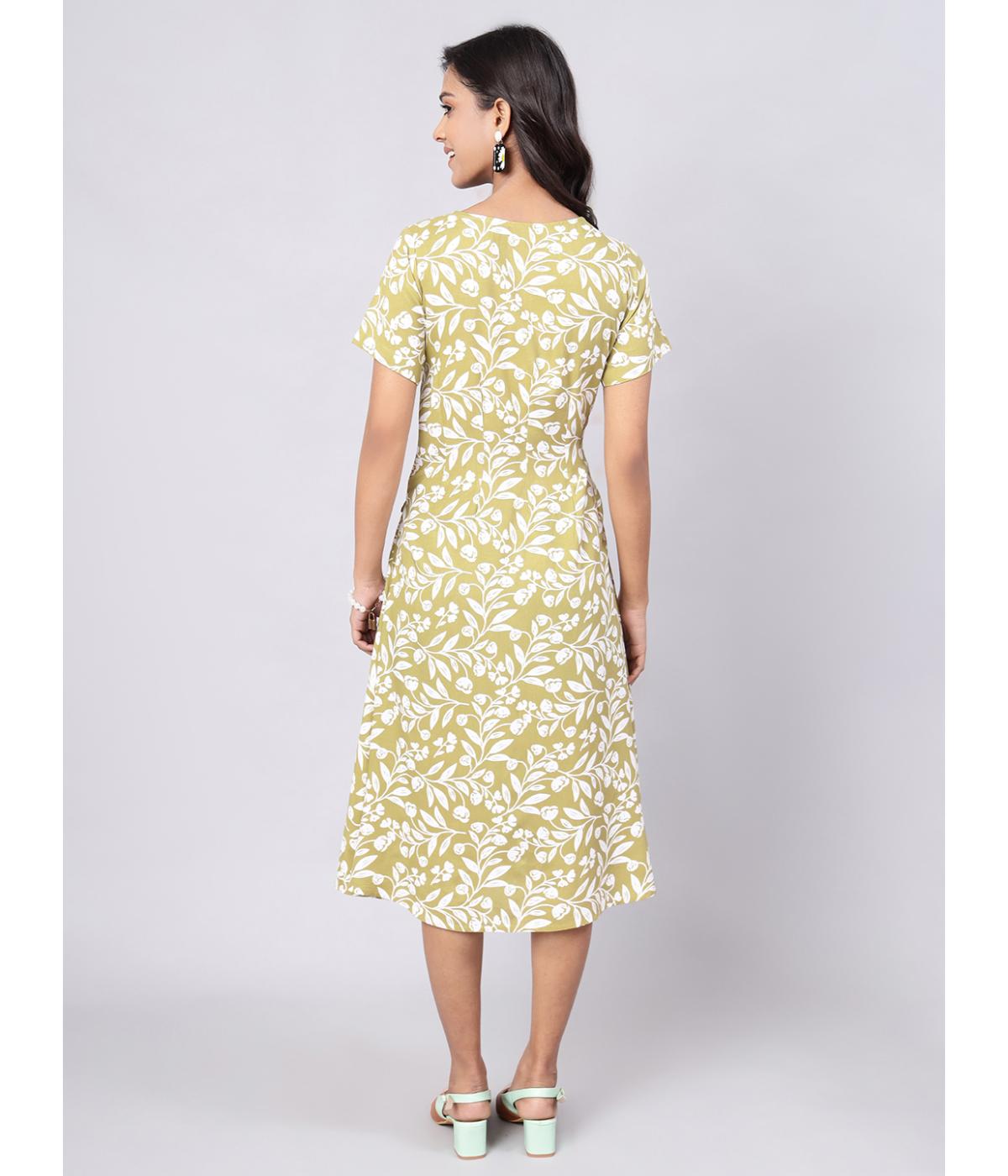 Daevish New Rayon Leaf Printed A-line Dress for Women & Girl's 