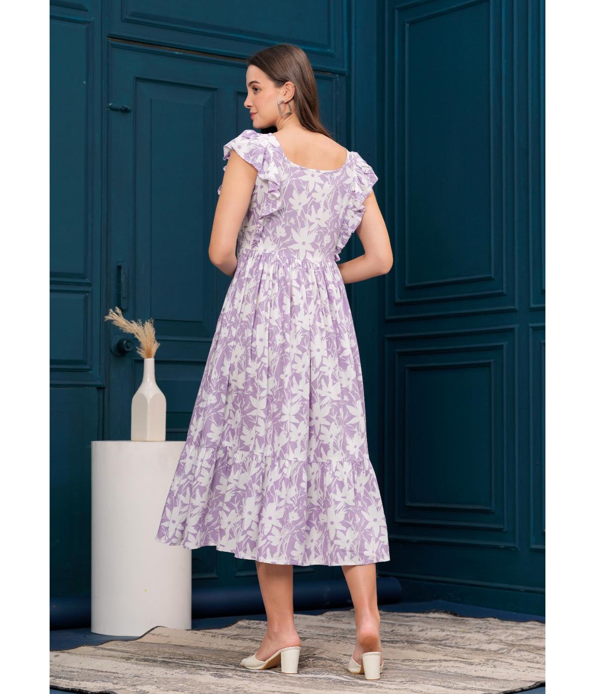 Daevish New Floral Printed Ruffled Sleeves Flared Dress For Women