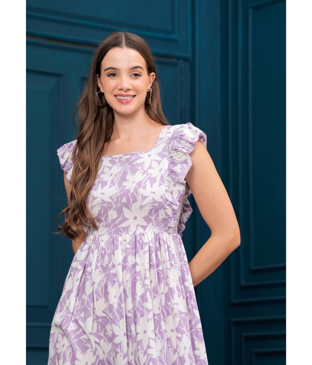 Daevish New Floral Printed Ruffled Sleeves Flared Dress For Women