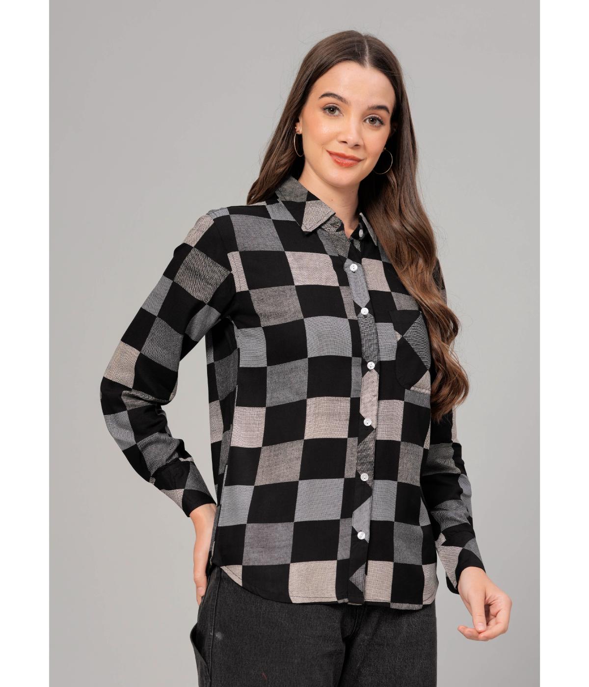 Daevish New Rayon Checkered Printed Regular Fit Spread Collor Casual Shirt for Women & Girl's