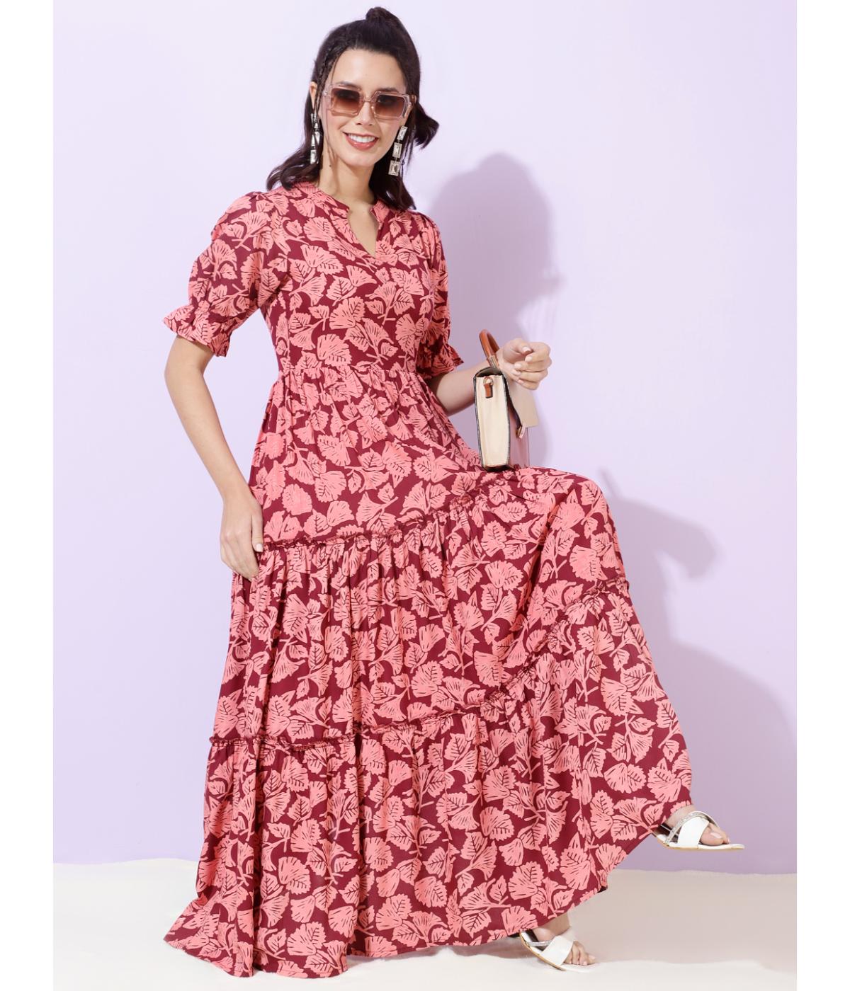 Daevish New Rayon Floral Printed Puff Sleeve Flared Maxi Dress for Women & Girl's