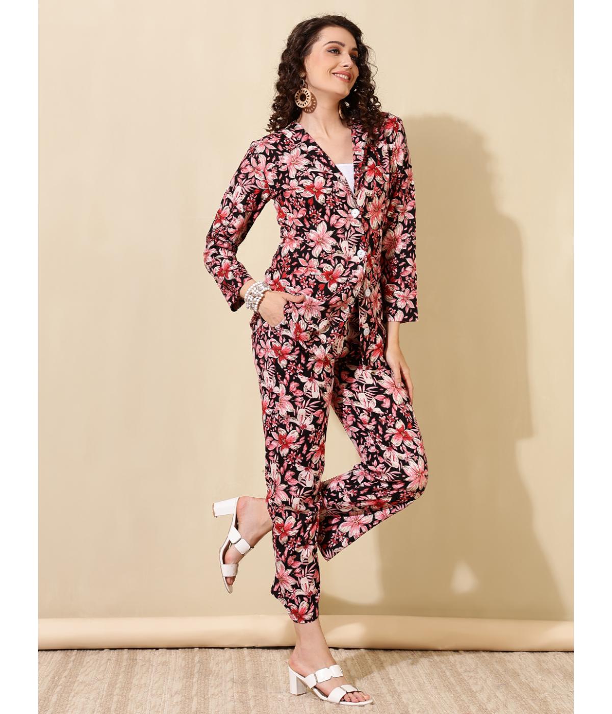 Daevish New Rayon Floral Printed Blazer with Pant Co Ord Set for Women & Girl's | Women Two Piece Co Ord Set | Casual Co Ord Set for Women