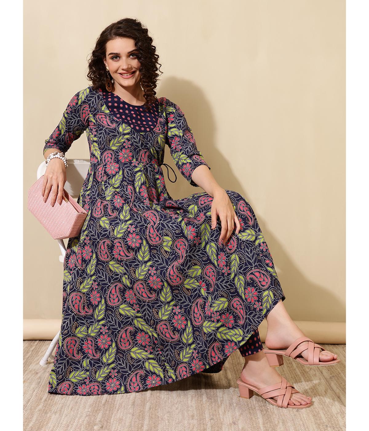 Daevish New Rayon Floral Printed Calf Length Flared Dress for Women & Gilrs | Women Midi Dress