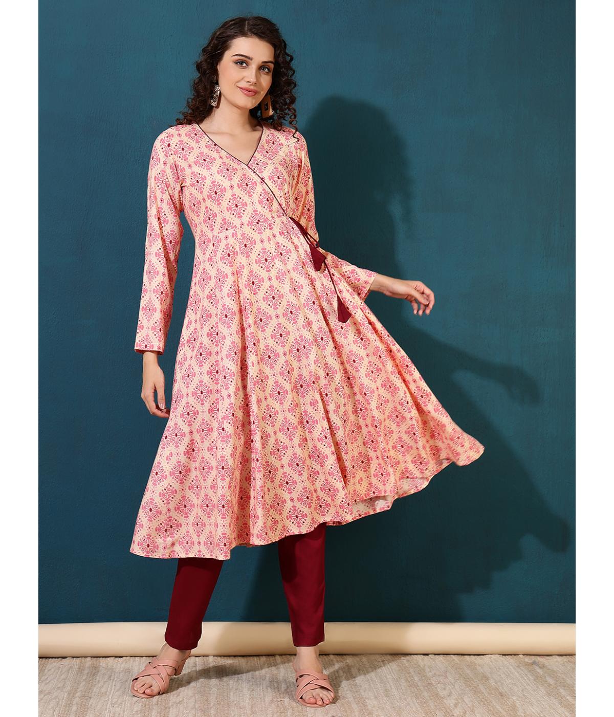 Daevish New Rayon Ethnic Motifs Printed Calf Length Flared Kurta With Pants Set For Women | Women Kurta Pants Set