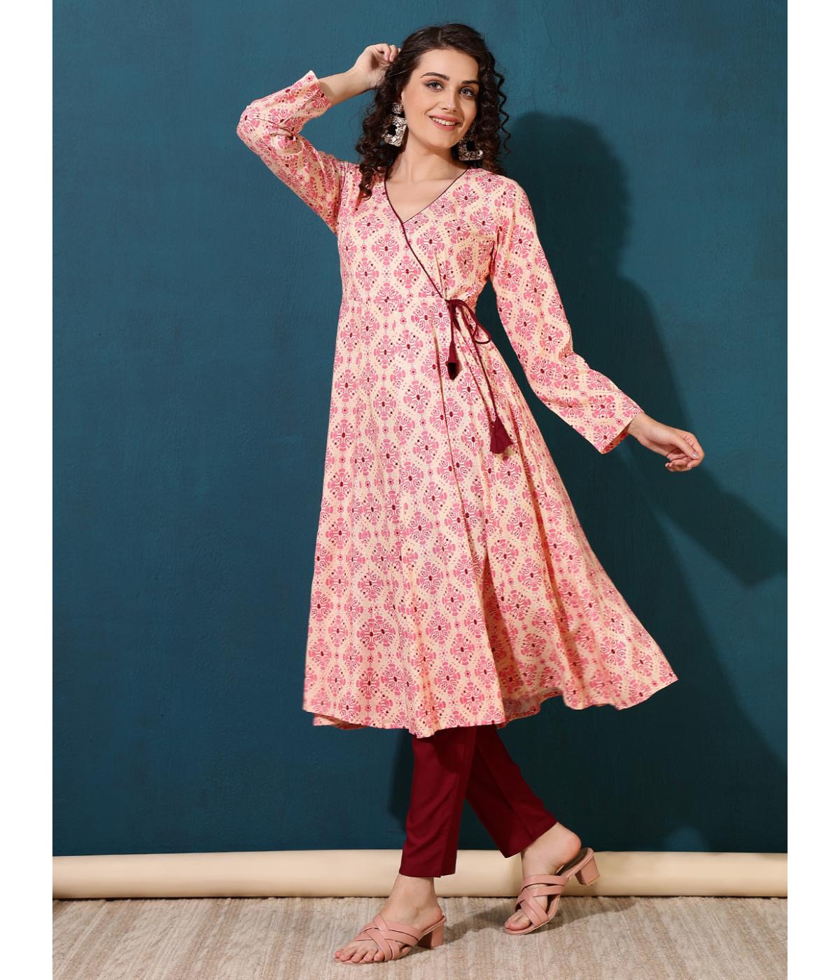 Daevish New Rayon Ethnic Motifs Printed Calf Length Flared Kurta With Pants Set For Women | Women Kurta Pants Set