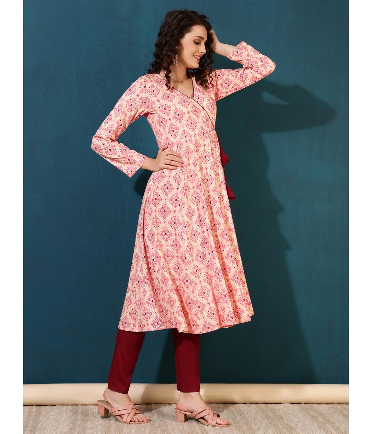 Daevish New Rayon Ethnic Motifs Printed Calf Length Flared Kurta With Pants Set For Women | Women Kurta Pants Set