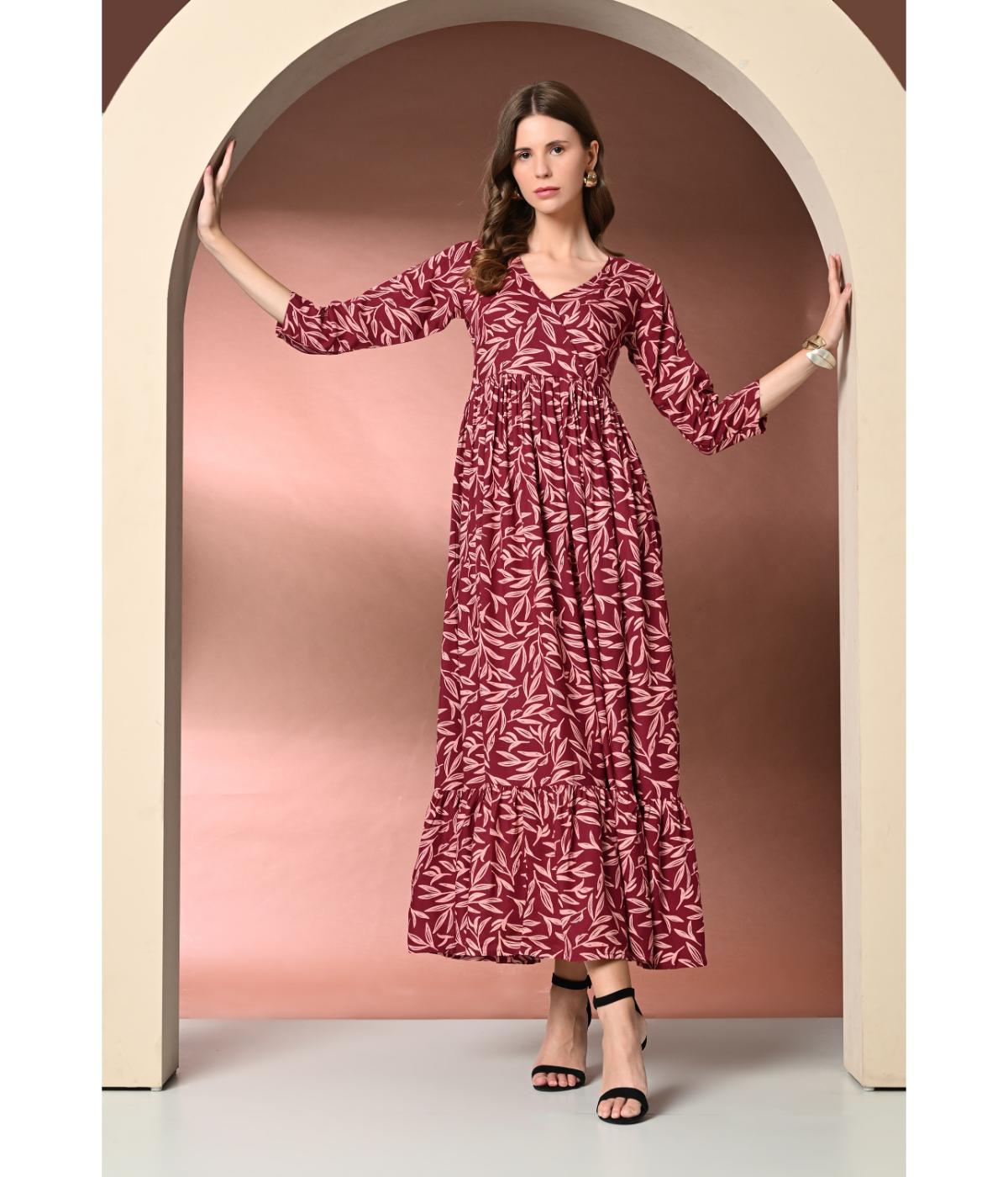 Daevish New Rayon Printed V Neck Maxi Dress for Women & Girl's | Women Maxi Length Dress