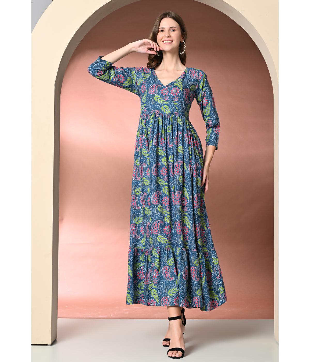 Daevish New Rayon Printed V Neck Maxi Dress for Women & Girl's | Women Maxi Length Dress