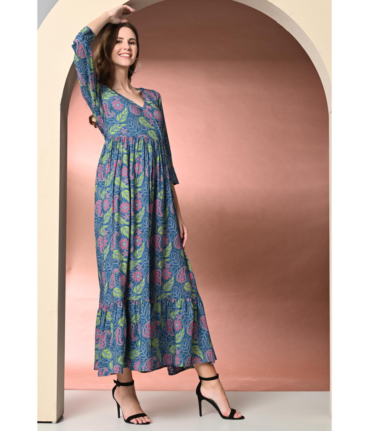 Daevish New Rayon Printed V Neck Maxi Dress for Women & Girl's | Women Maxi Length Dress