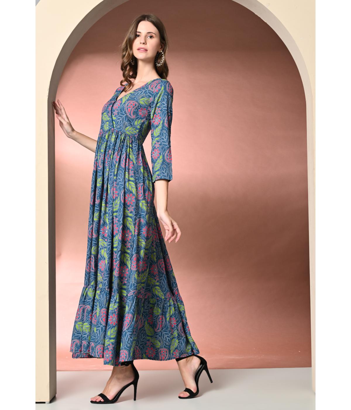 Daevish New Rayon Printed V Neck Maxi Dress for Women & Girl's | Women Maxi Length Dress