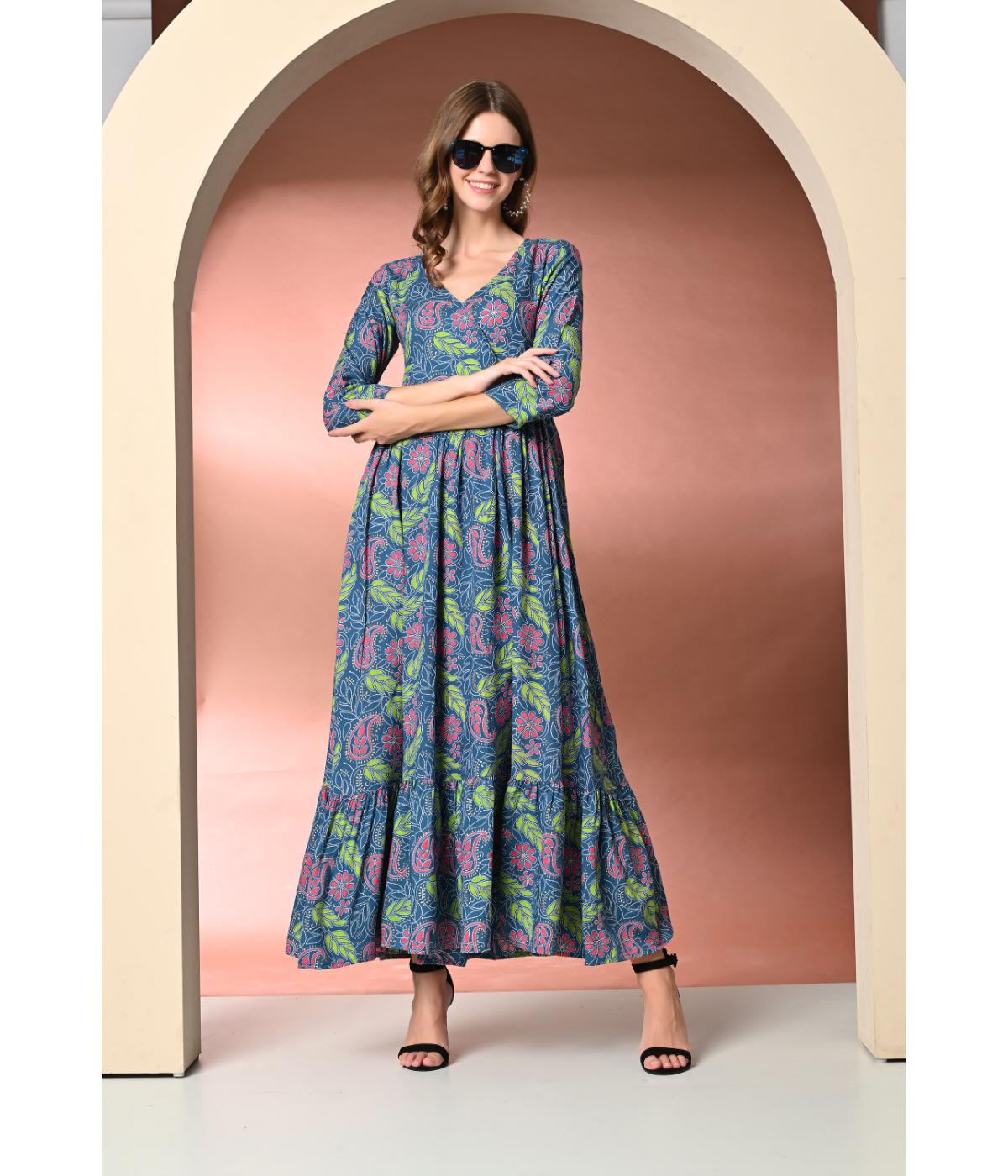 Daevish New Rayon Printed V Neck Maxi Dress for Women & Girl's | Women Maxi Length Dress